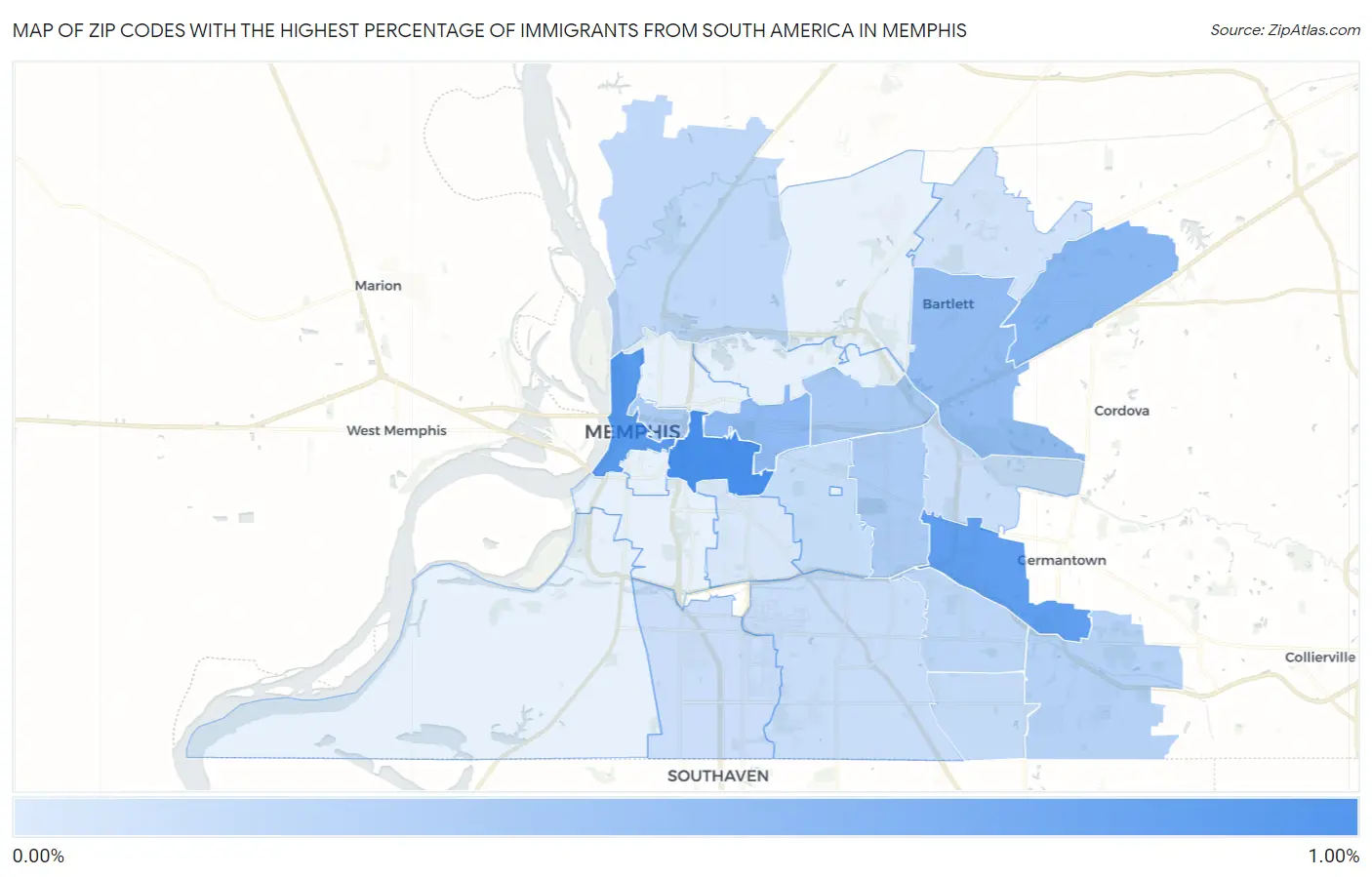 Zip Codes with the Highest Percentage of Immigrants from South America in Memphis Map