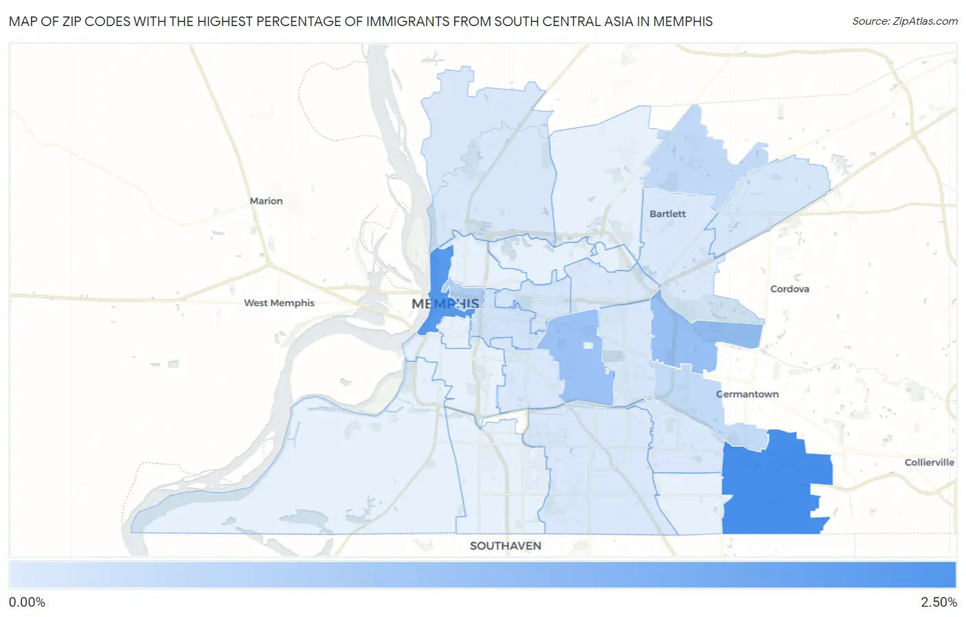 Zip Codes with the Highest Percentage of Immigrants from South Central Asia in Memphis Map