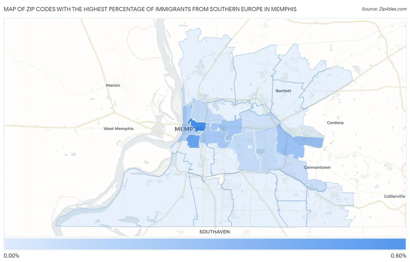 Zip Codes with the Highest Percentage of Immigrants from Southern Europe in Memphis Map