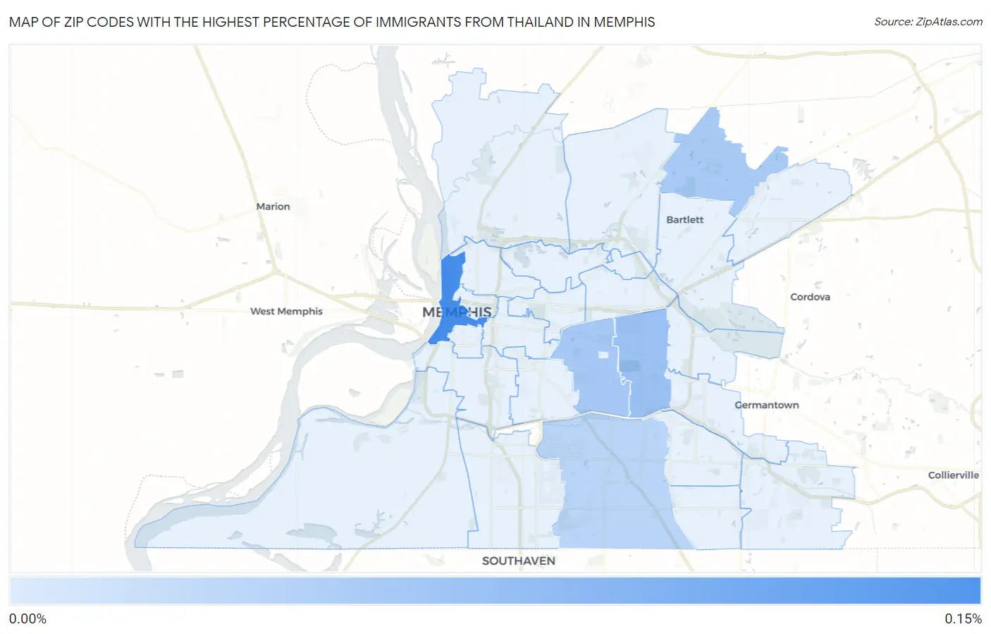 Zip Codes with the Highest Percentage of Immigrants from Thailand in Memphis Map