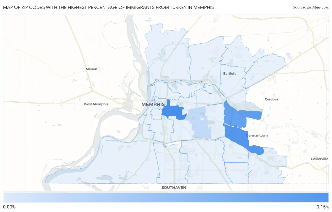 Zip Codes with the Highest Percentage of Immigrants from Turkey in Memphis Map