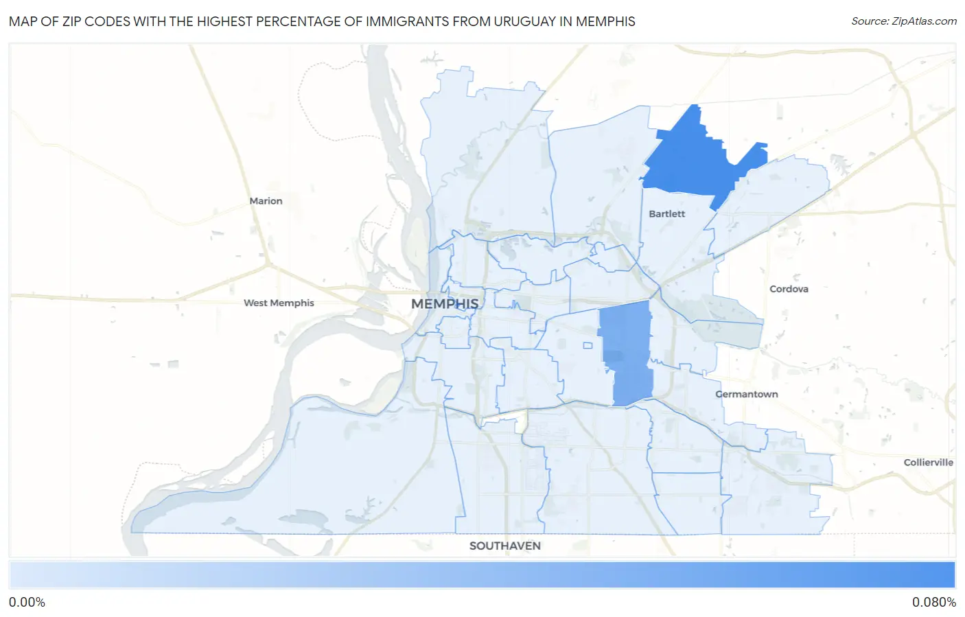 Zip Codes with the Highest Percentage of Immigrants from Uruguay in Memphis Map