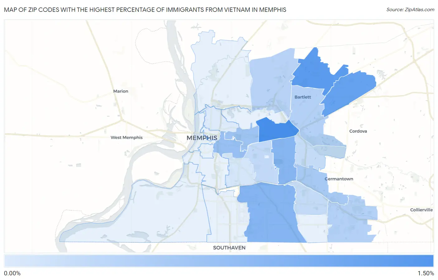 Zip Codes with the Highest Percentage of Immigrants from Vietnam in Memphis Map