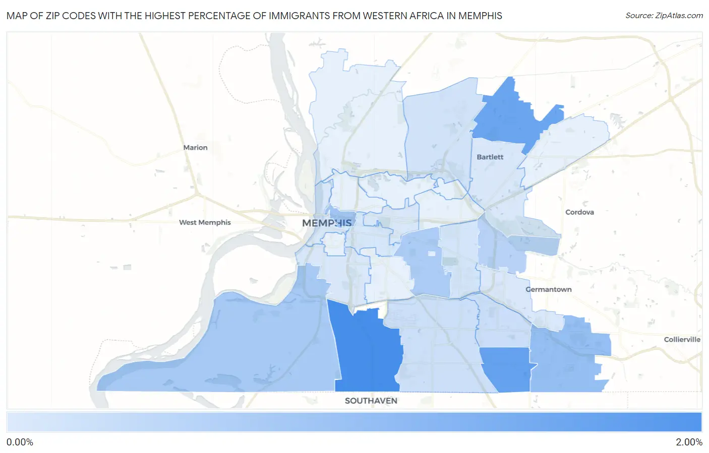 Zip Codes with the Highest Percentage of Immigrants from Western Africa in Memphis Map