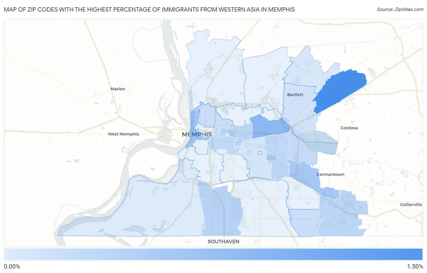 Zip Codes with the Highest Percentage of Immigrants from Western Asia in Memphis Map