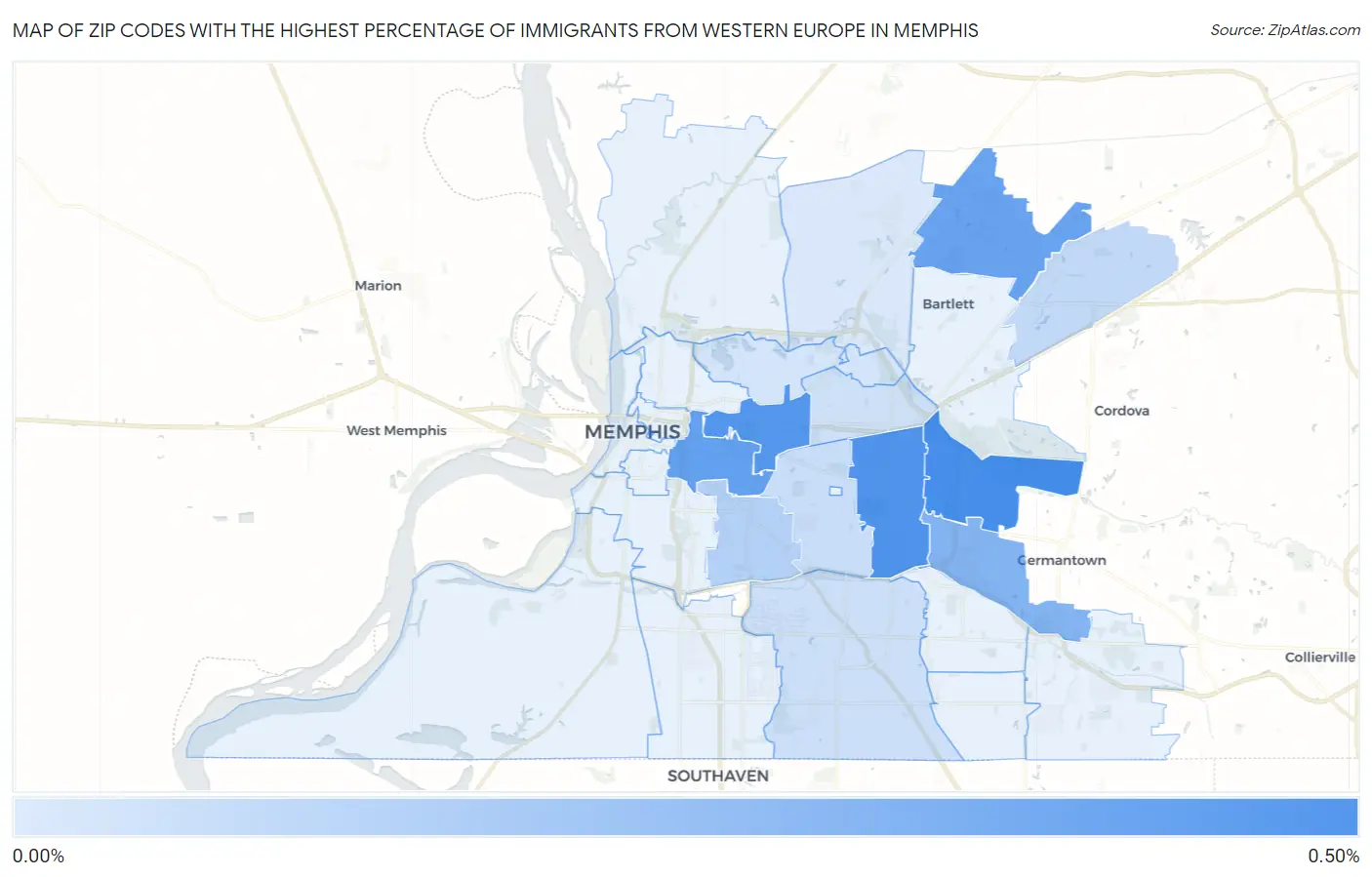 Zip Codes with the Highest Percentage of Immigrants from Western Europe in Memphis Map