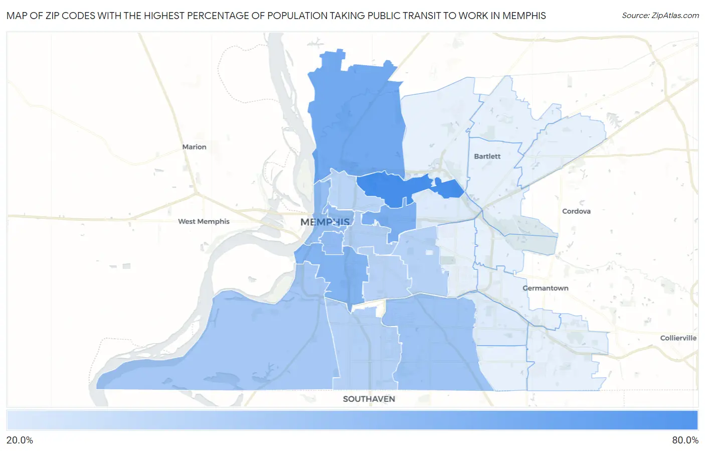 Zip Codes with the Highest Percentage of Population Taking Public Transit to Work in Memphis Map