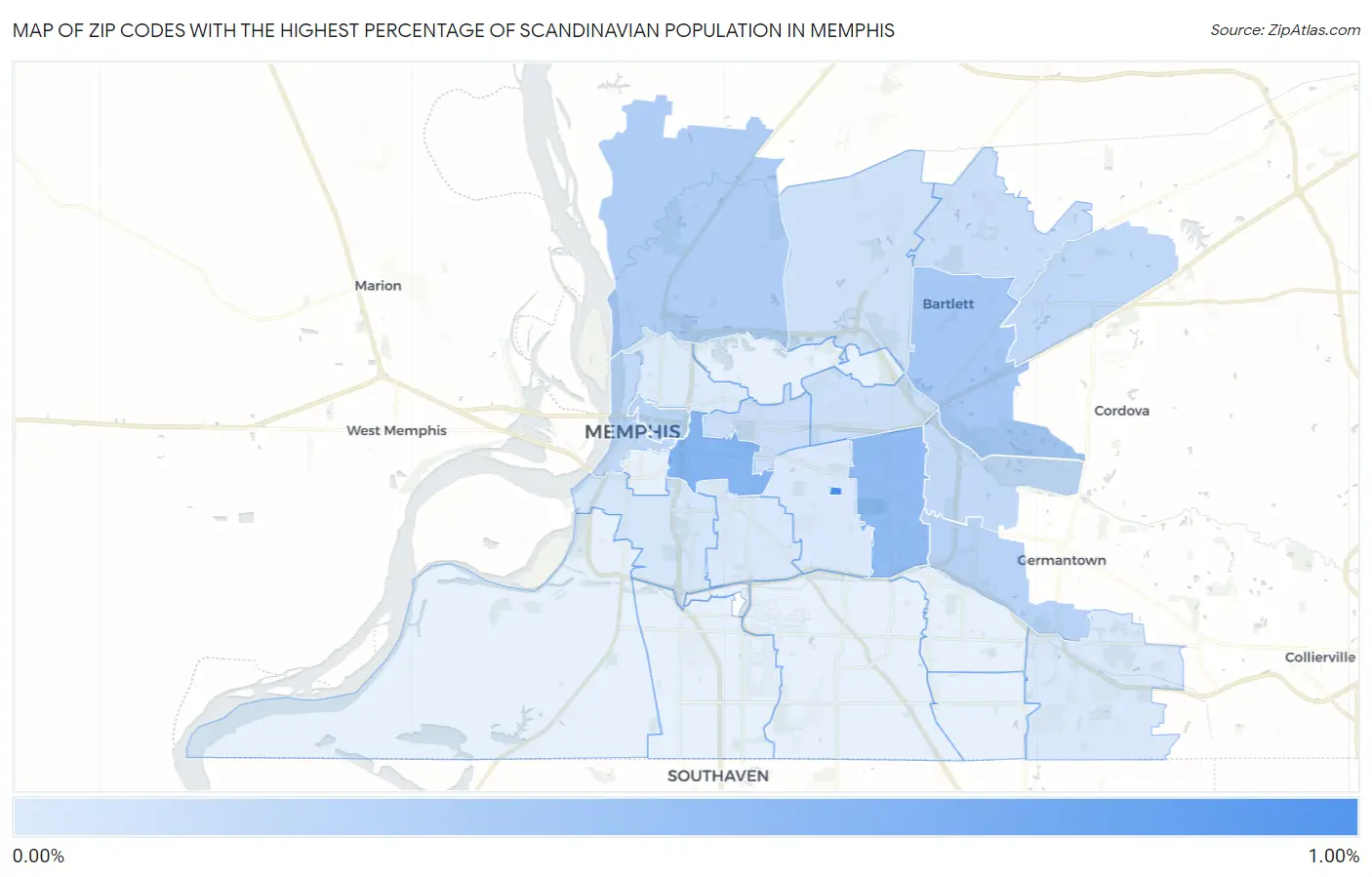 Zip Codes with the Highest Percentage of Scandinavian Population in Memphis Map