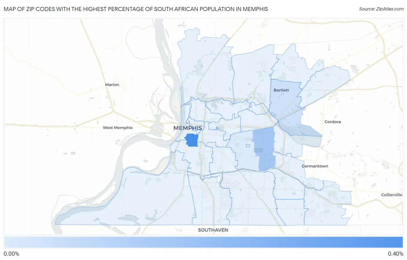 Zip Codes with the Highest Percentage of South African Population in Memphis Map