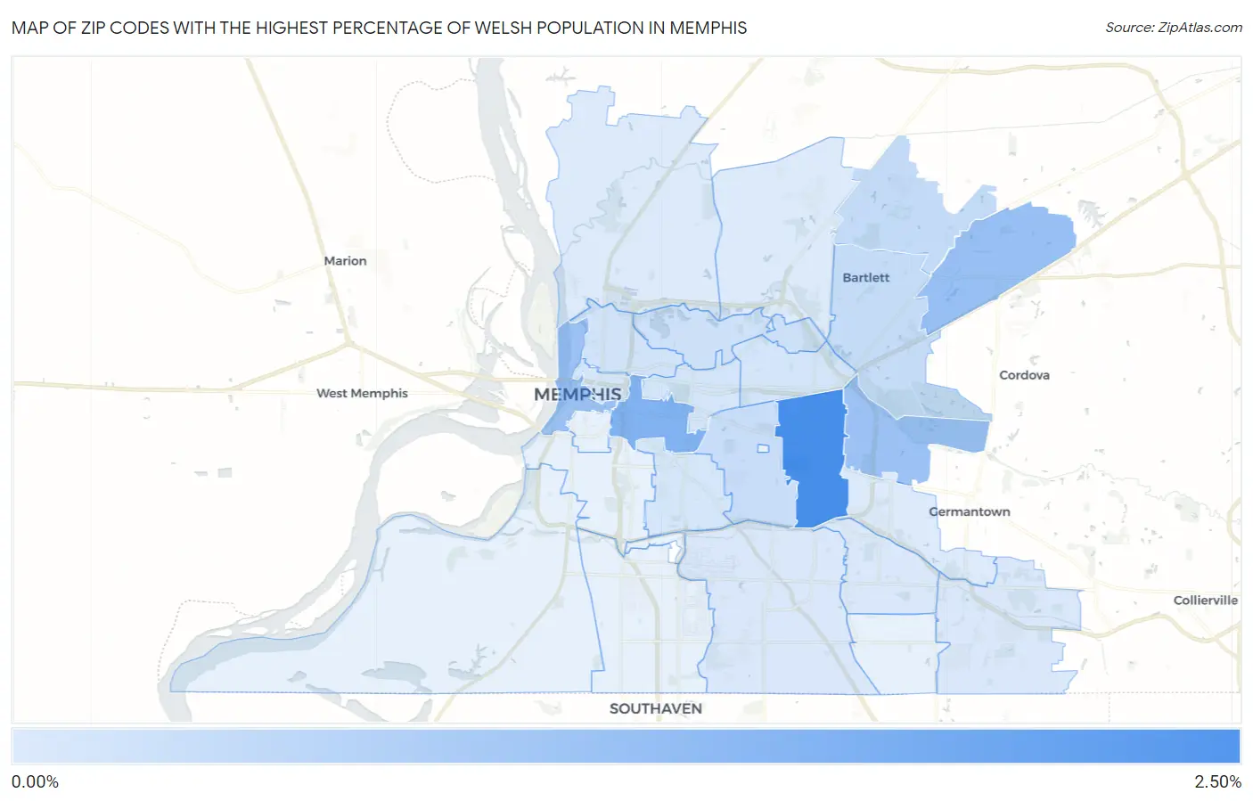 Zip Codes with the Highest Percentage of Welsh Population in Memphis Map