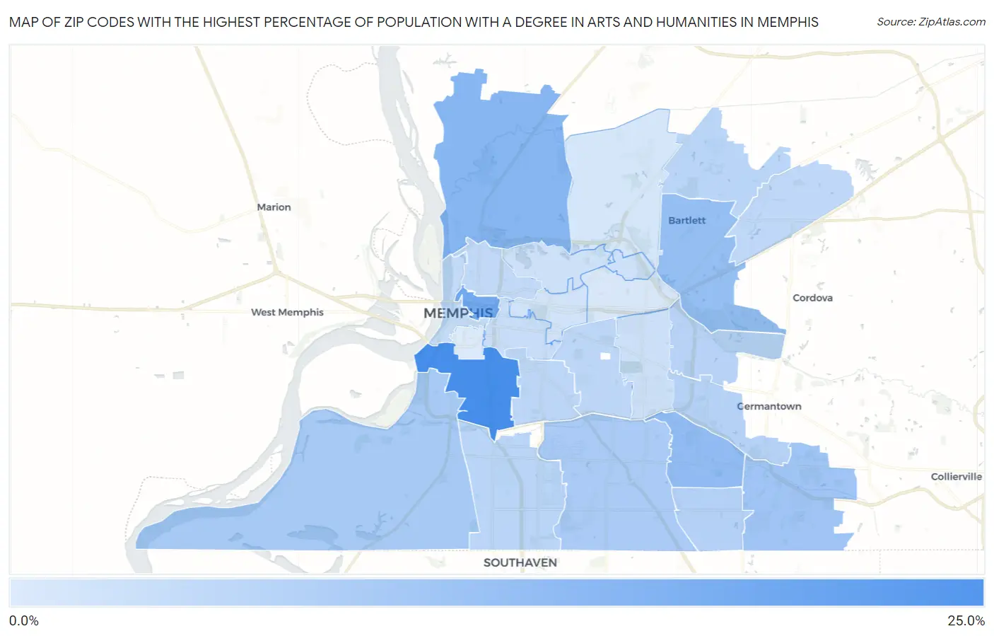 Zip Codes with the Highest Percentage of Population with a Degree in Arts and Humanities in Memphis Map
