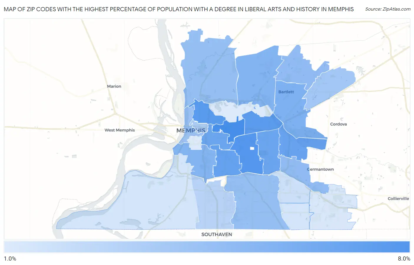 Zip Codes with the Highest Percentage of Population with a Degree in Liberal Arts and History in Memphis Map