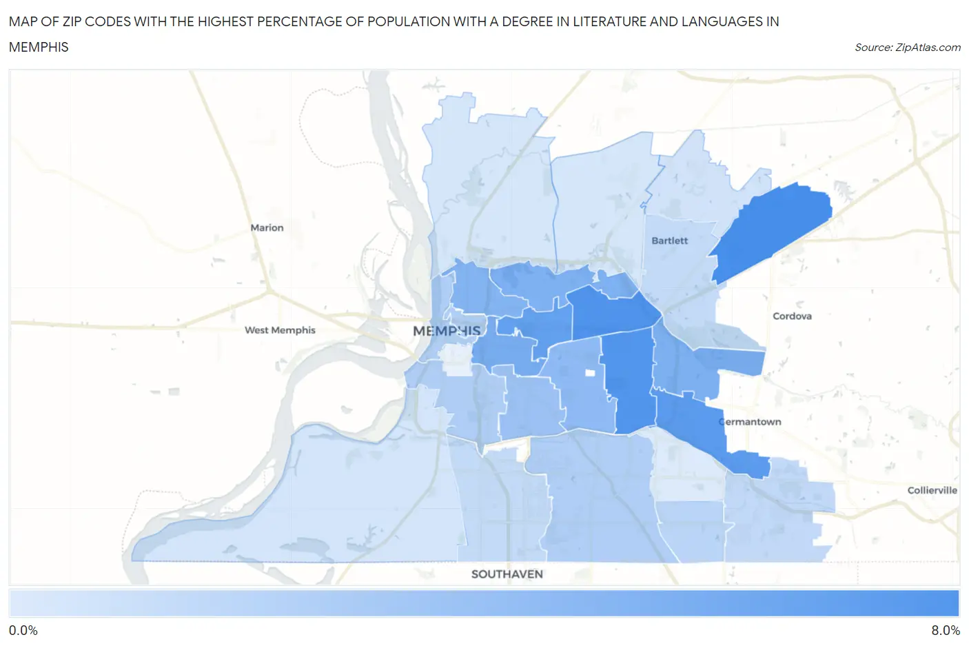 Zip Codes with the Highest Percentage of Population with a Degree in Literature and Languages in Memphis Map