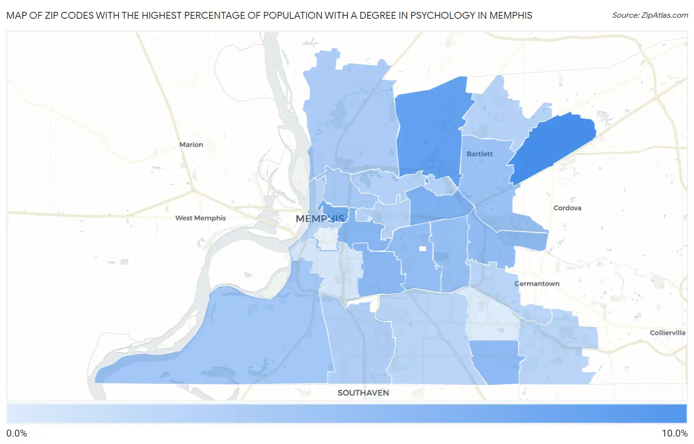 Zip Codes with the Highest Percentage of Population with a Degree in Psychology in Memphis Map