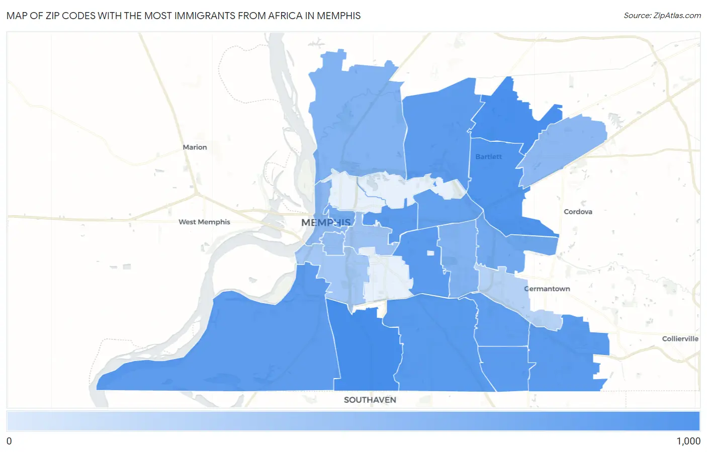 Zip Codes with the Most Immigrants from Africa in Memphis Map