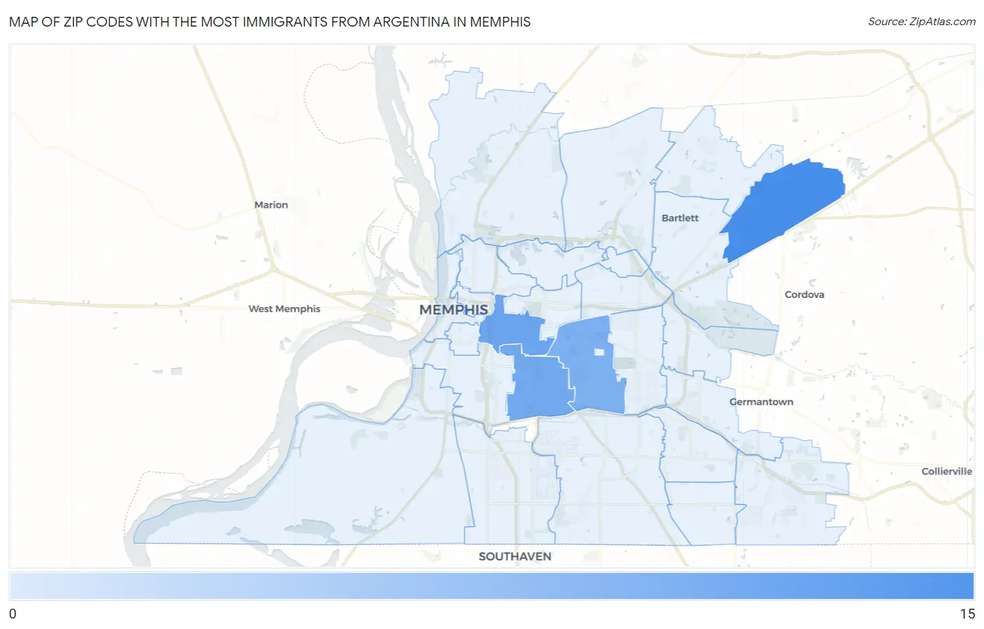 Zip Codes with the Most Immigrants from Argentina in Memphis Map