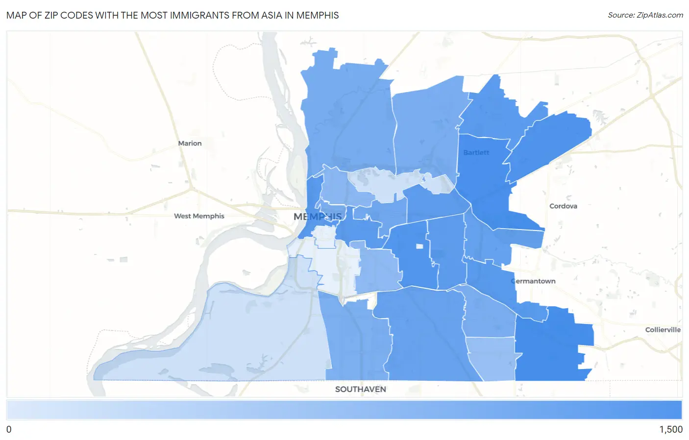 Zip Codes with the Most Immigrants from Asia in Memphis Map