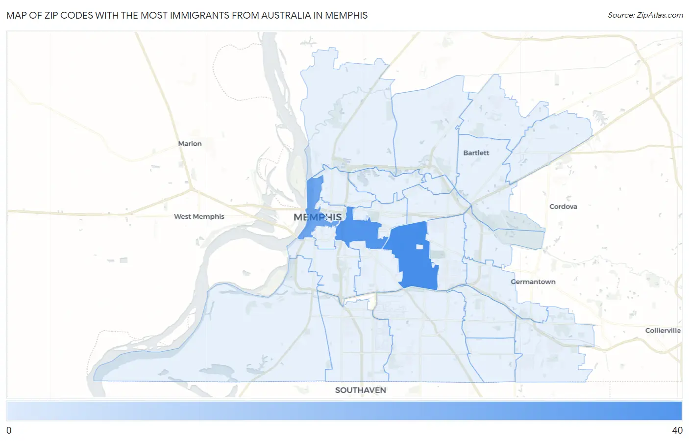 Zip Codes with the Most Immigrants from Australia in Memphis Map