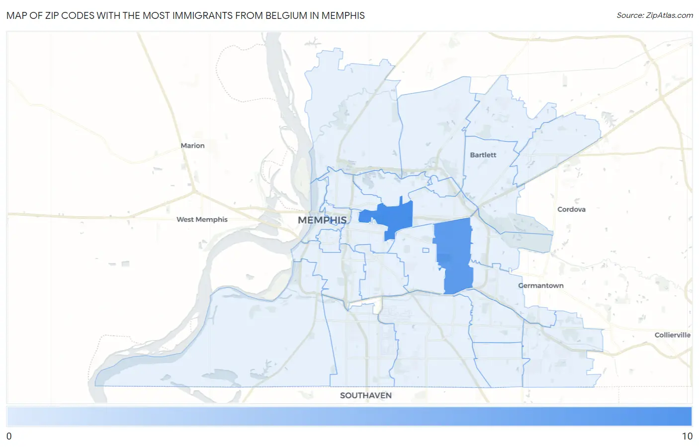 Zip Codes with the Most Immigrants from Belgium in Memphis Map