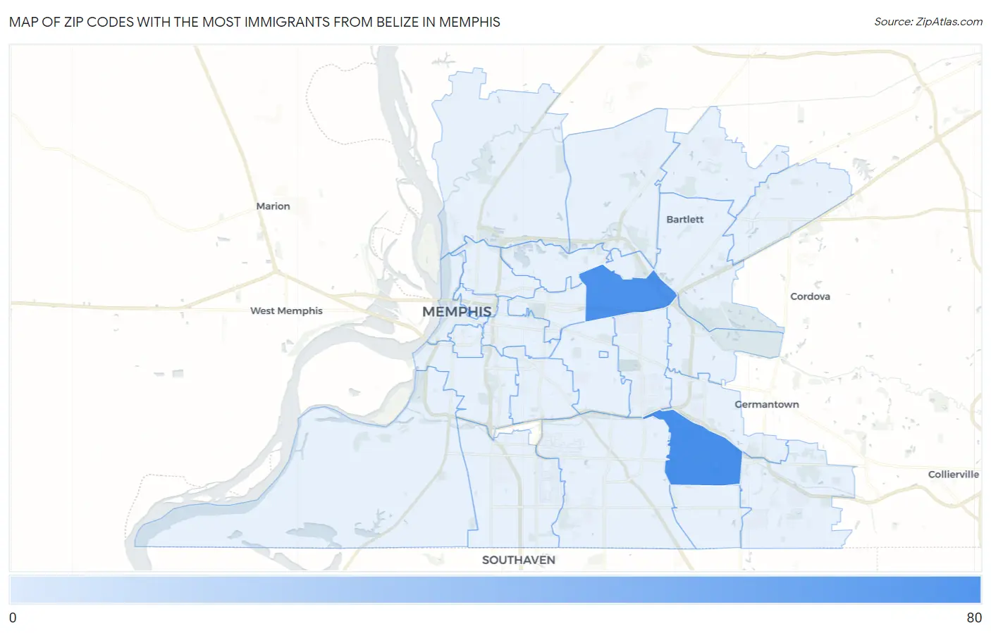 Zip Codes with the Most Immigrants from Belize in Memphis Map