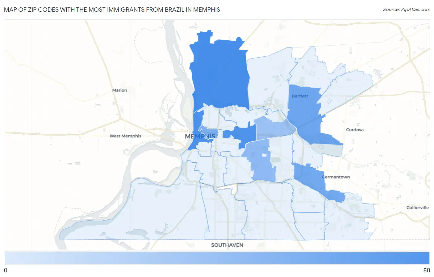 Zip Codes with the Most Immigrants from Brazil in Memphis Map