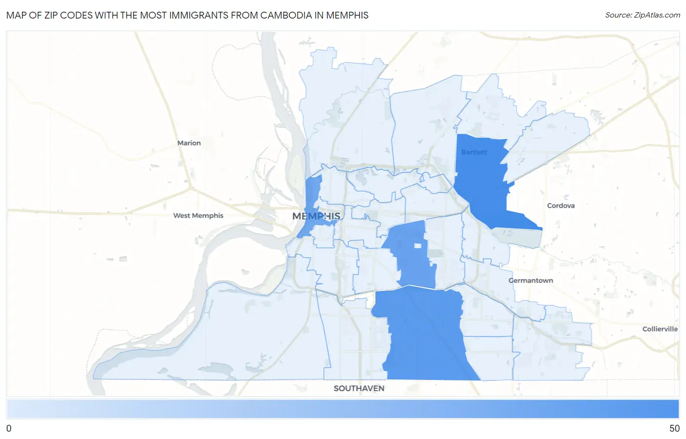 Zip Codes with the Most Immigrants from Cambodia in Memphis Map