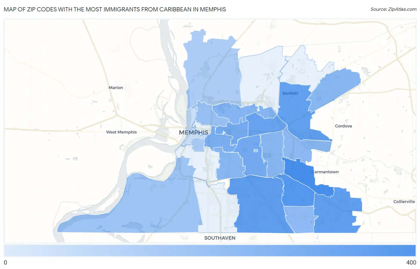 Zip Codes with the Most Immigrants from Caribbean in Memphis Map
