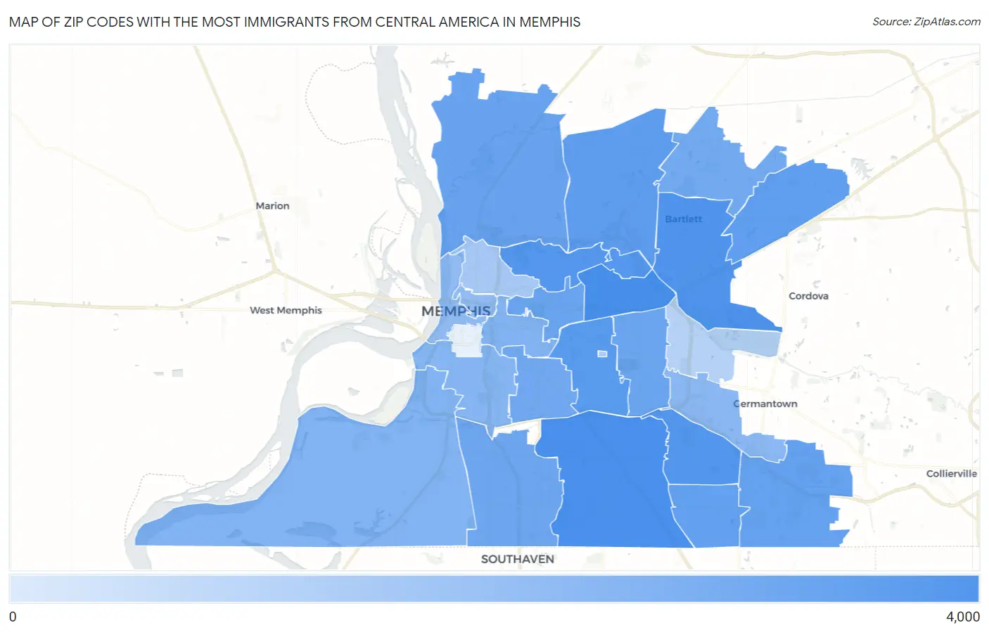 Zip Codes with the Most Immigrants from Central America in Memphis Map