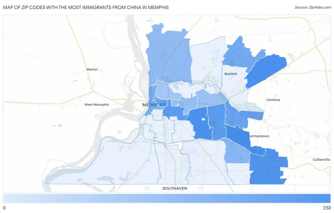 Zip Codes with the Most Immigrants from China in Memphis Map