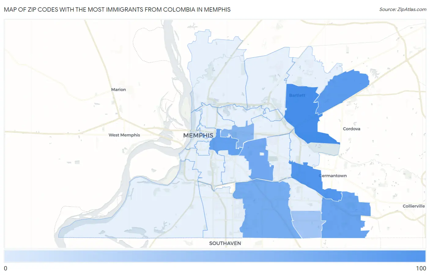 Zip Codes with the Most Immigrants from Colombia in Memphis Map