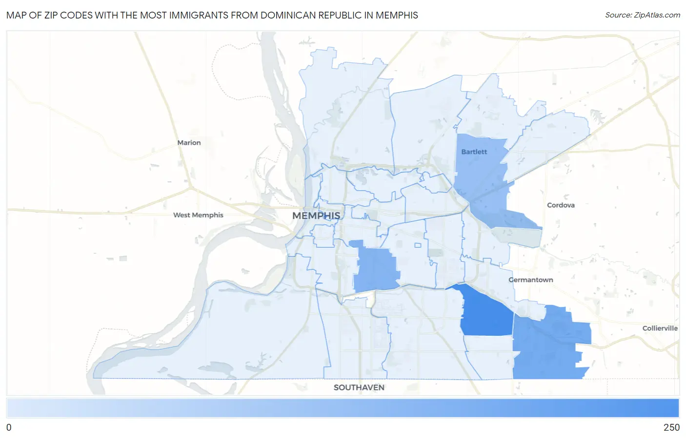 Zip Codes with the Most Immigrants from Dominican Republic in Memphis Map