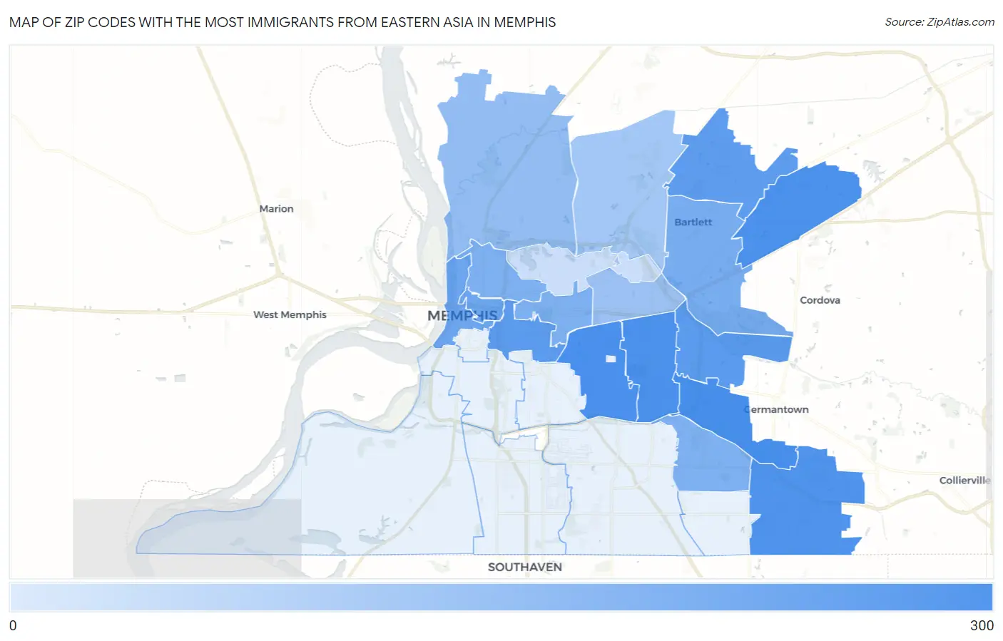 Zip Codes with the Most Immigrants from Eastern Asia in Memphis Map