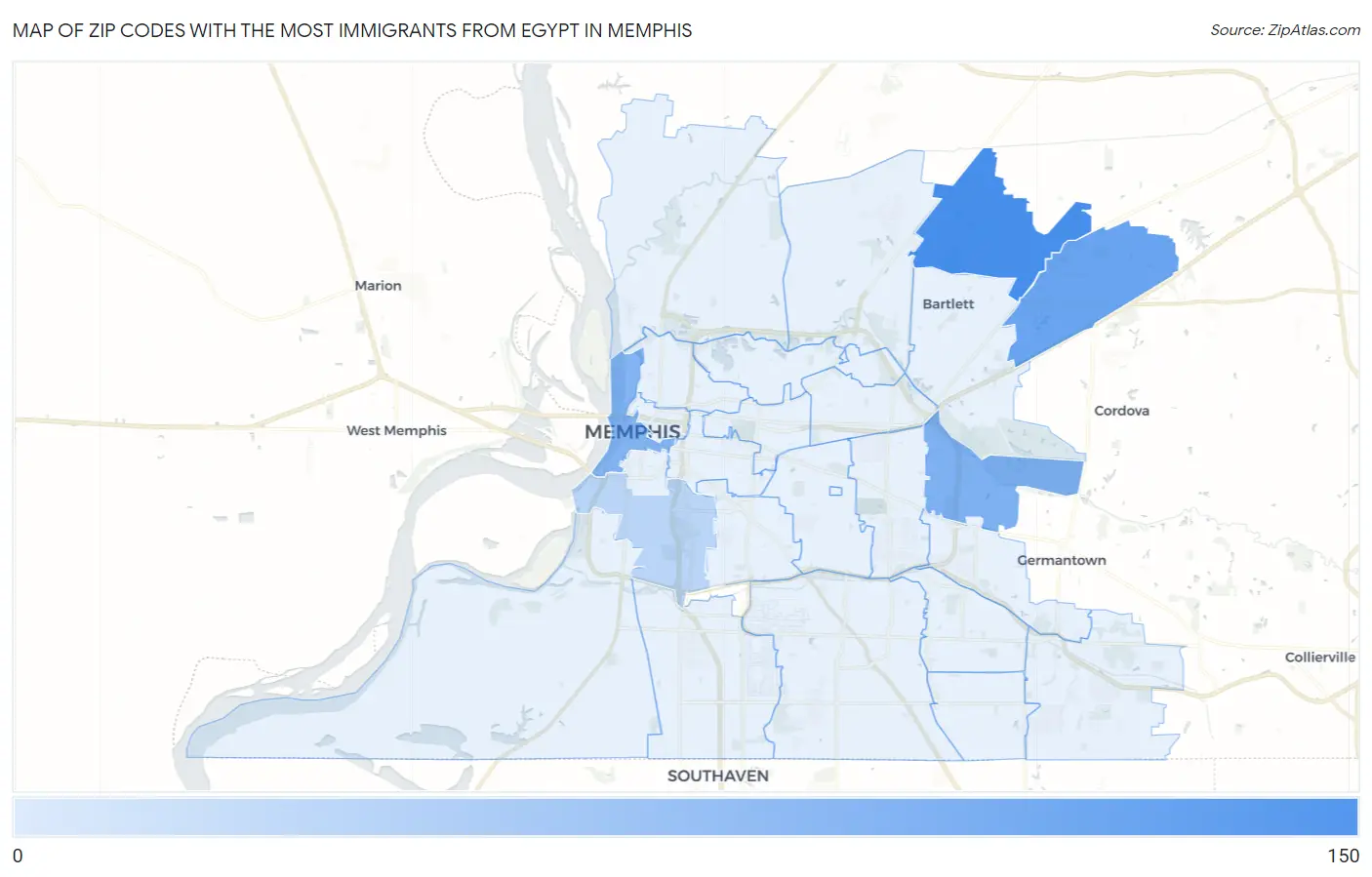 Zip Codes with the Most Immigrants from Egypt in Memphis Map
