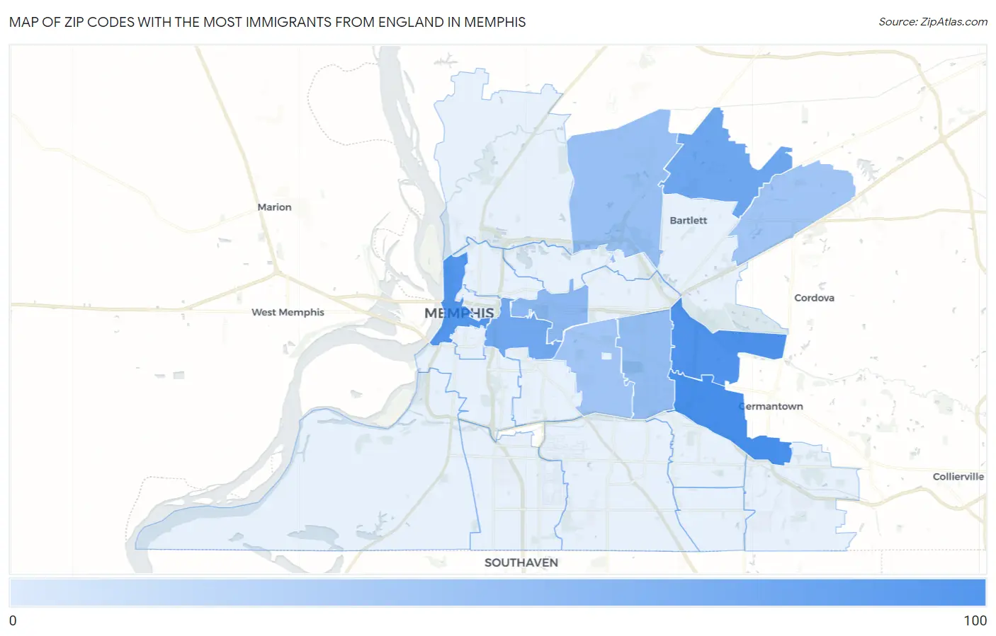 Zip Codes with the Most Immigrants from England in Memphis Map