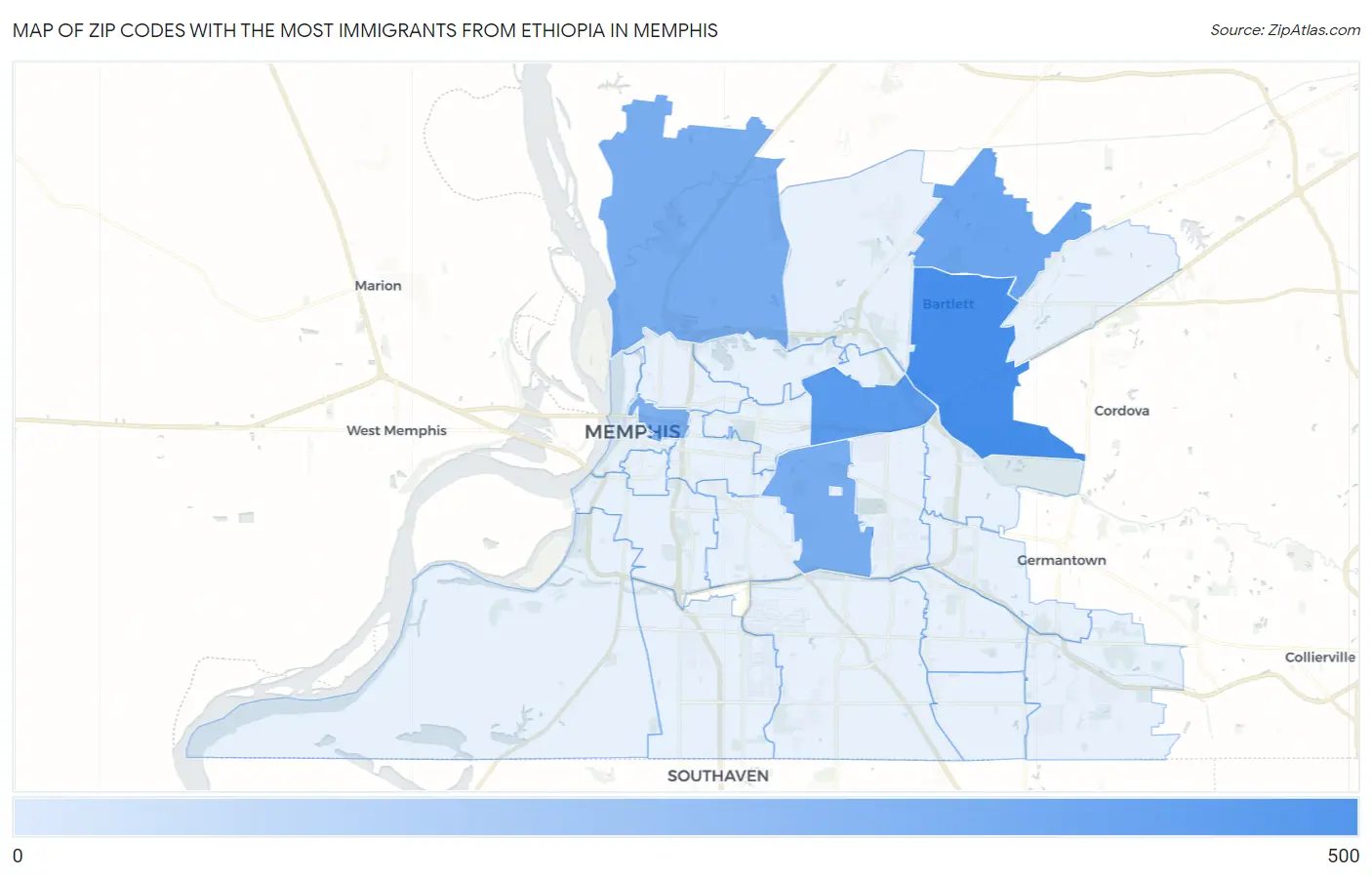 Zip Codes with the Most Immigrants from Ethiopia in Memphis Map