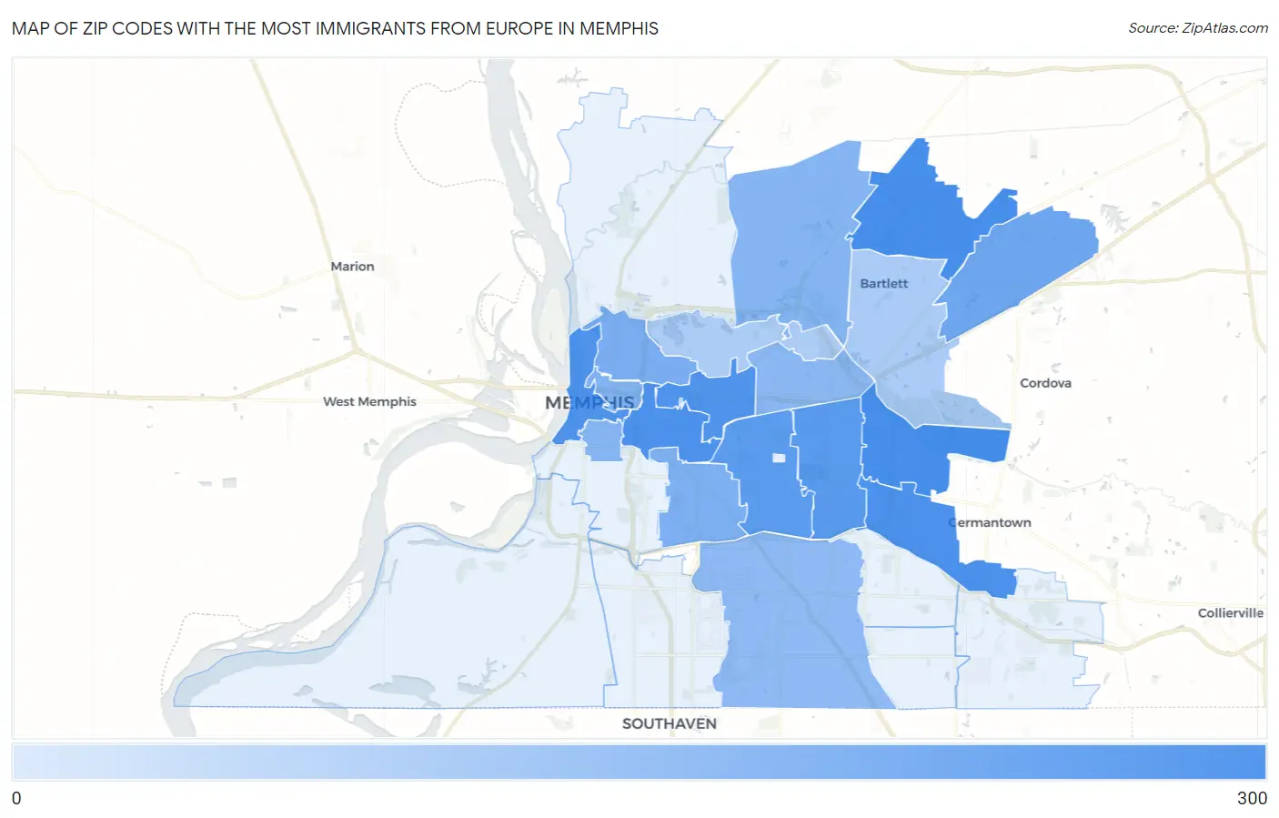 Zip Codes with the Most Immigrants from Europe in Memphis Map