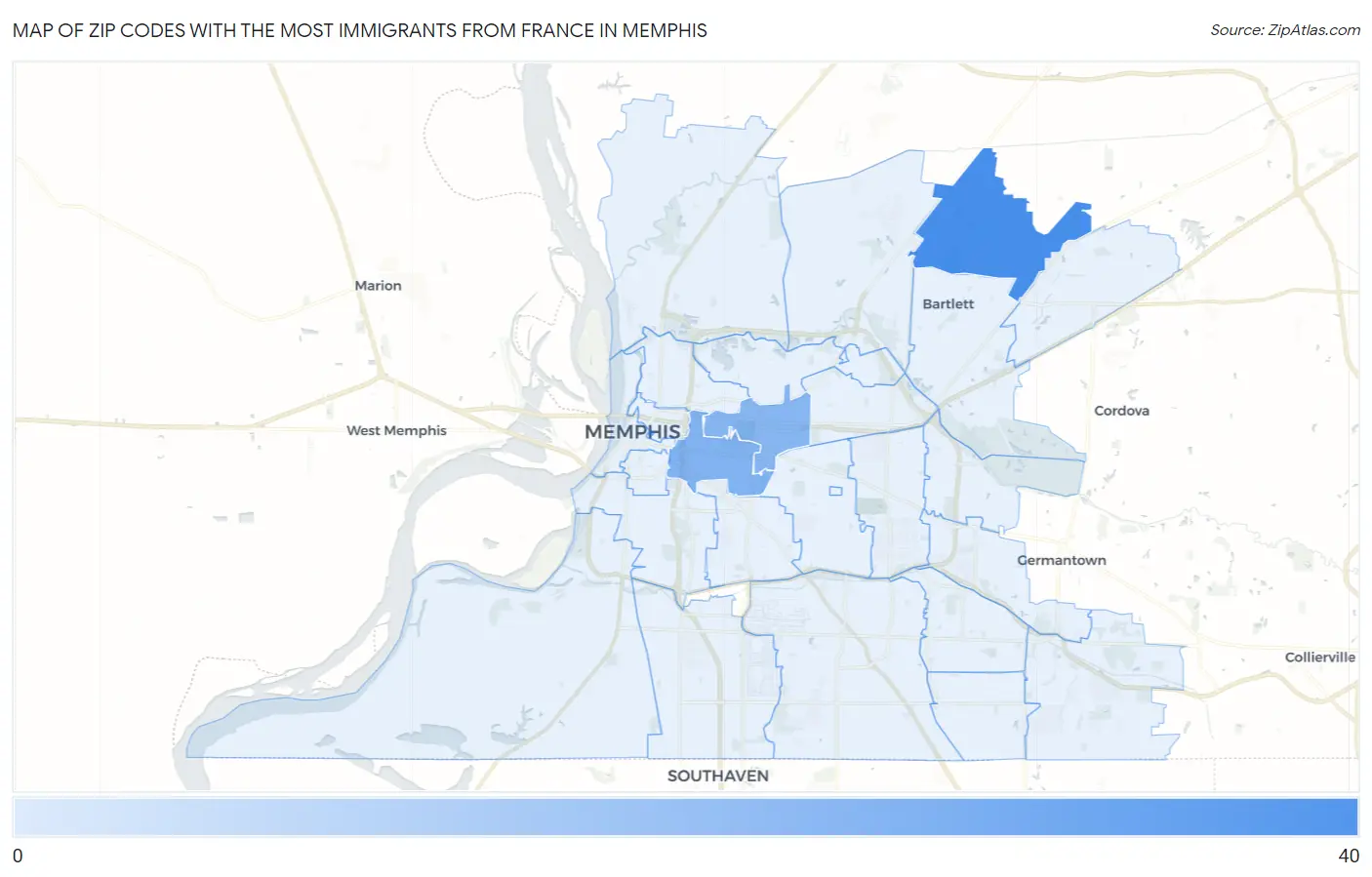 Zip Codes with the Most Immigrants from France in Memphis Map
