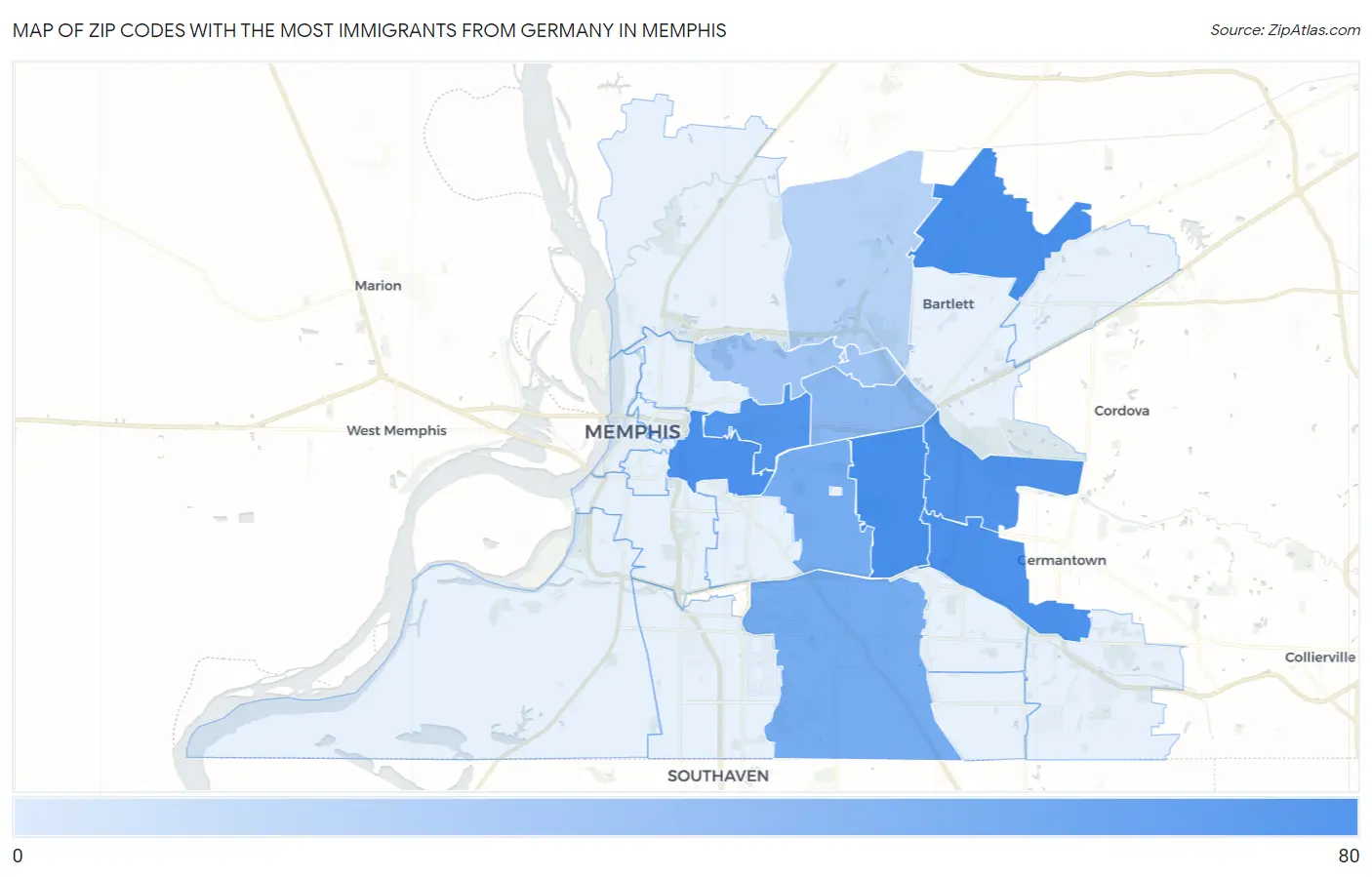 Zip Codes with the Most Immigrants from Germany in Memphis Map