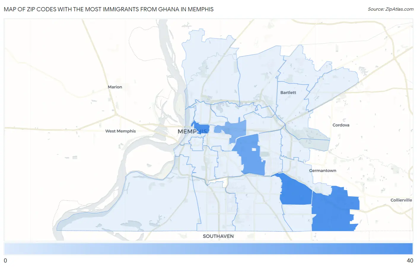 Zip Codes with the Most Immigrants from Ghana in Memphis Map