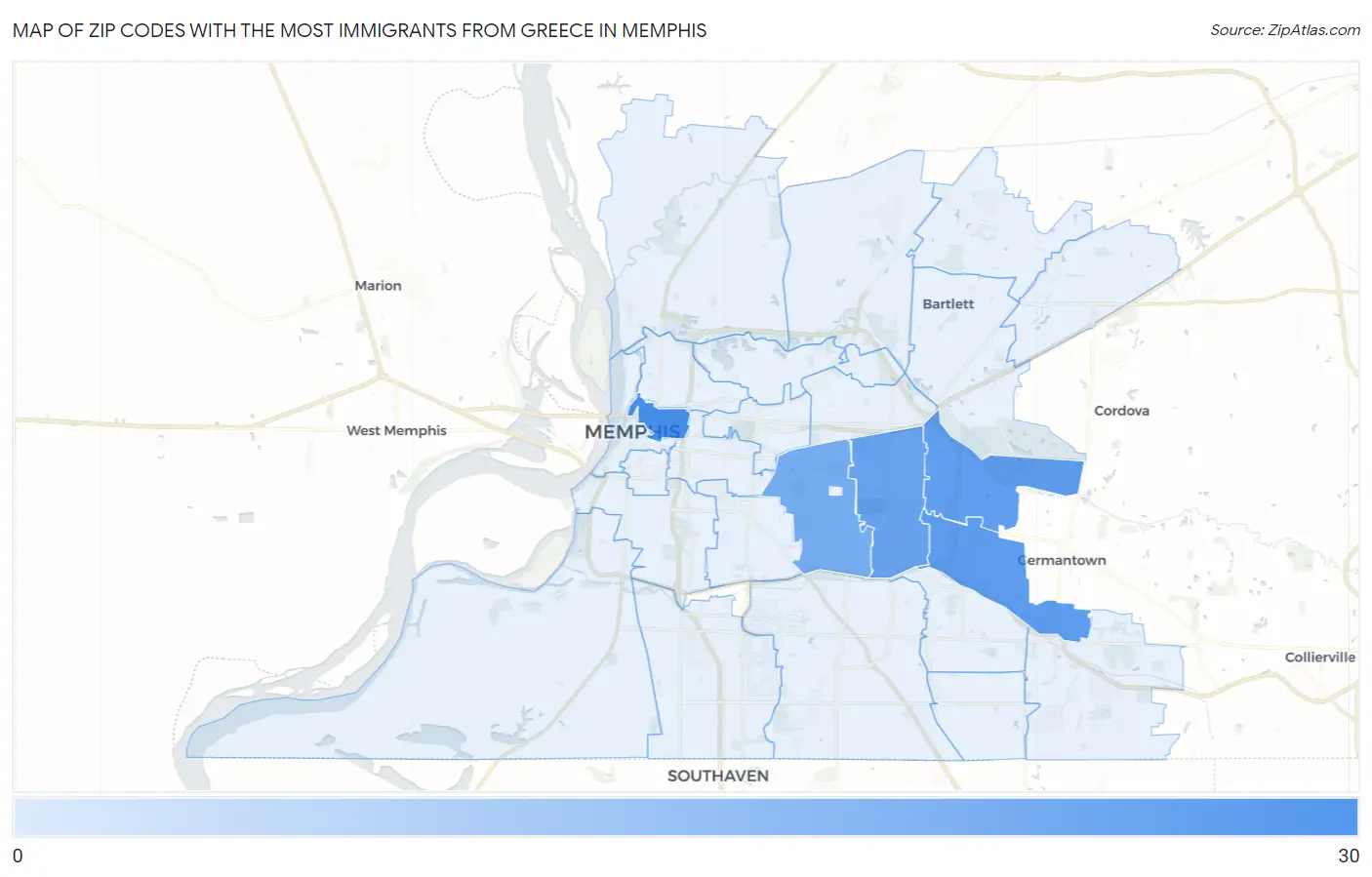 Zip Codes with the Most Immigrants from Greece in Memphis Map