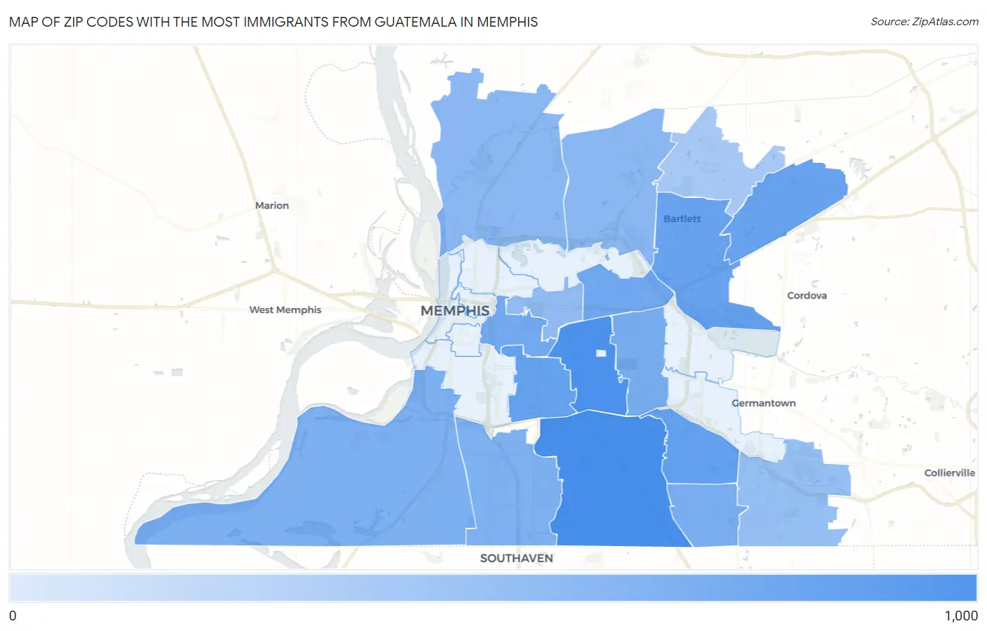 Zip Codes with the Most Immigrants from Guatemala in Memphis Map