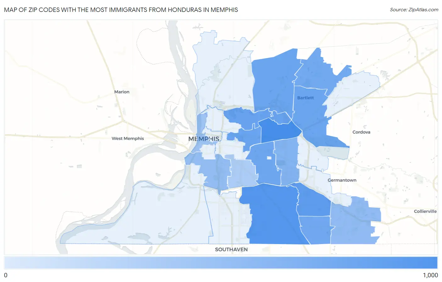 Zip Codes with the Most Immigrants from Honduras in Memphis Map