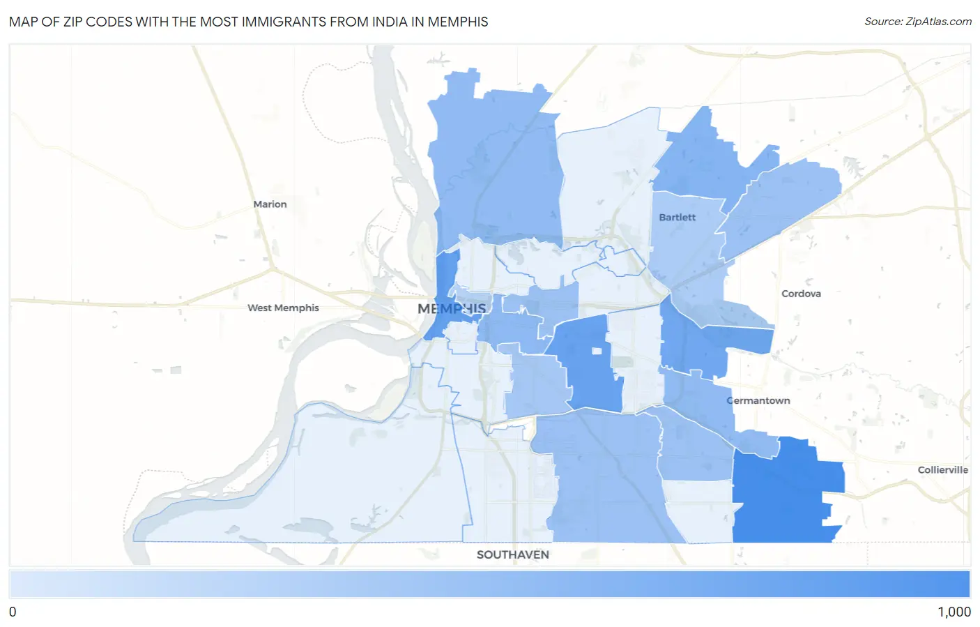 Zip Codes with the Most Immigrants from India in Memphis Map