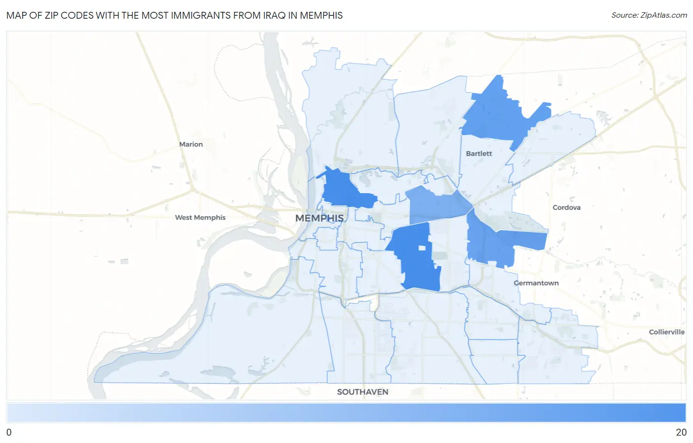 Zip Codes with the Most Immigrants from Iraq in Memphis Map