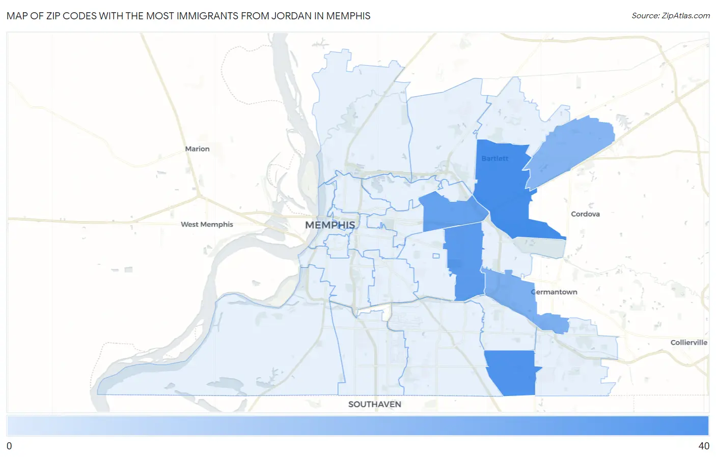Zip Codes with the Most Immigrants from Jordan in Memphis Map