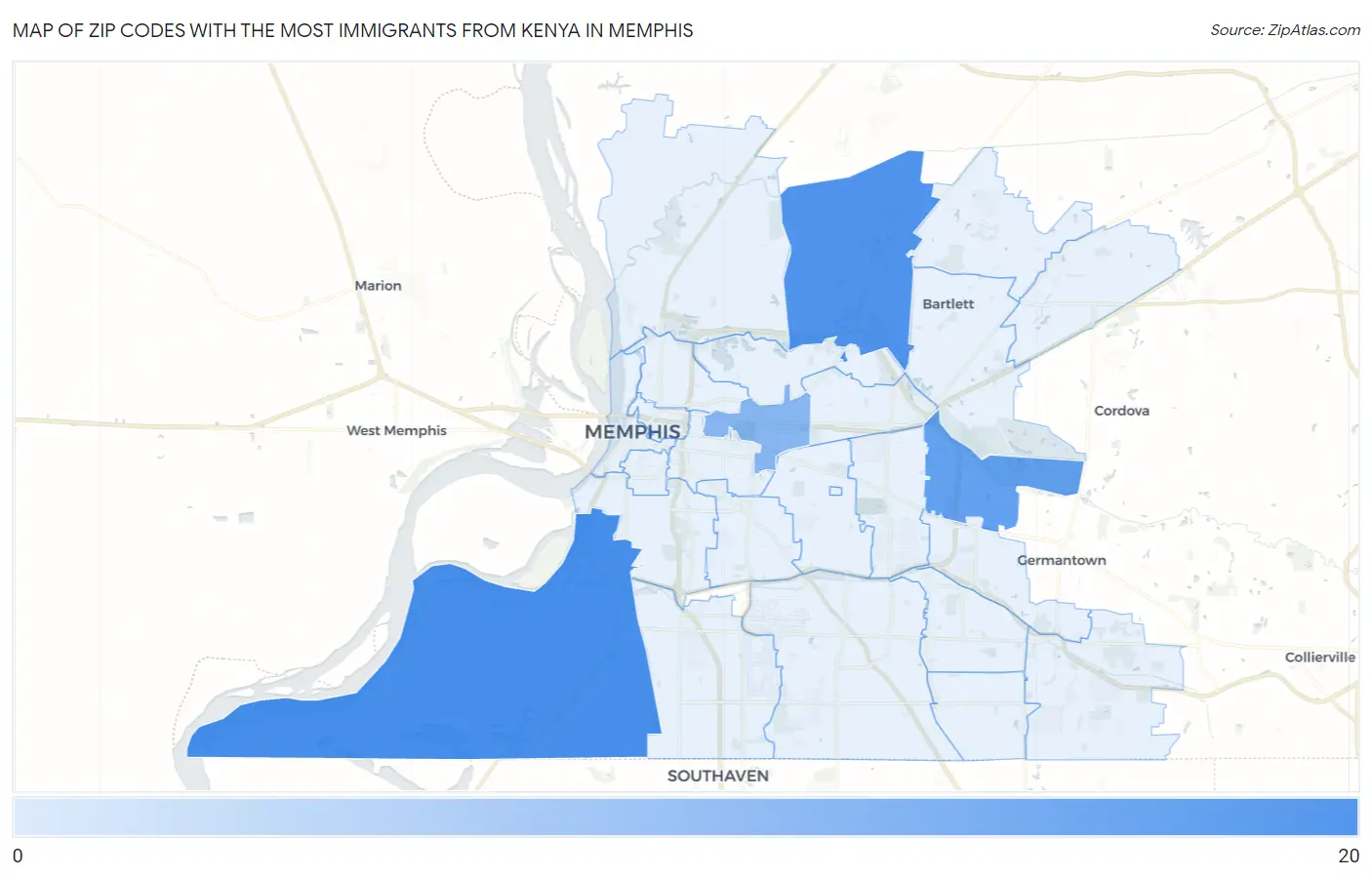 Zip Codes with the Most Immigrants from Kenya in Memphis Map