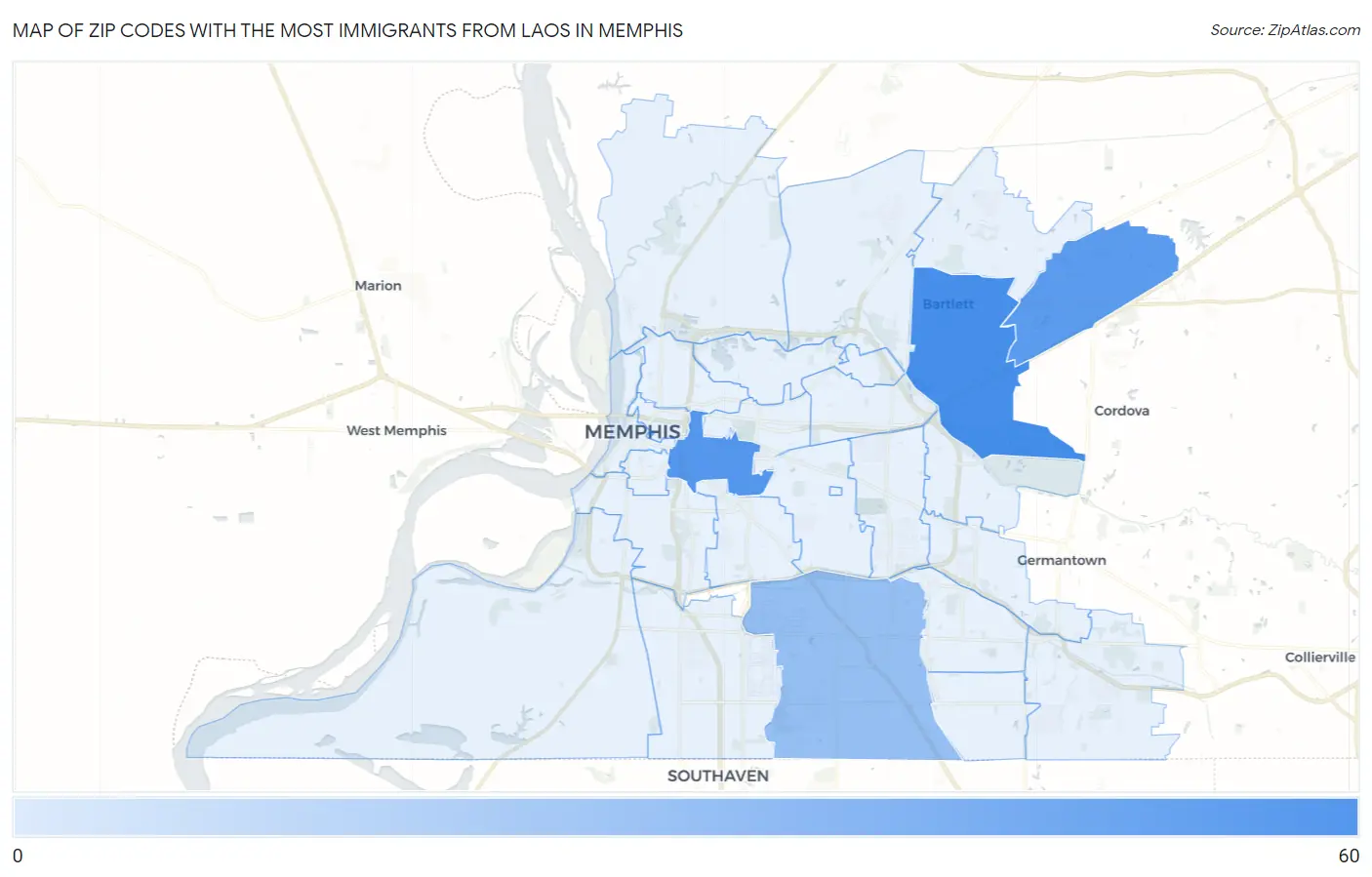 Zip Codes with the Most Immigrants from Laos in Memphis Map