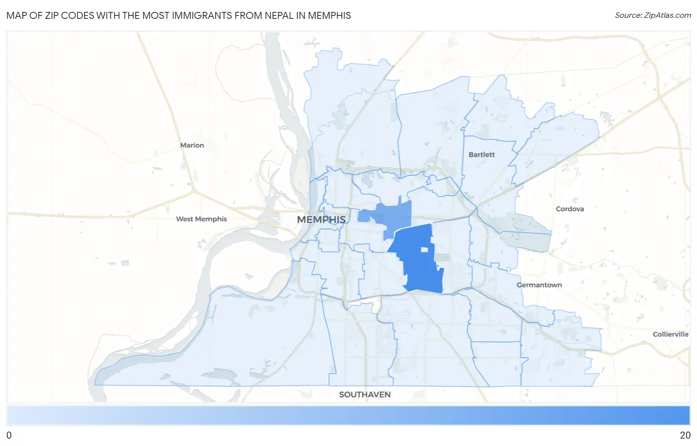 Zip Codes with the Most Immigrants from Nepal in Memphis Map
