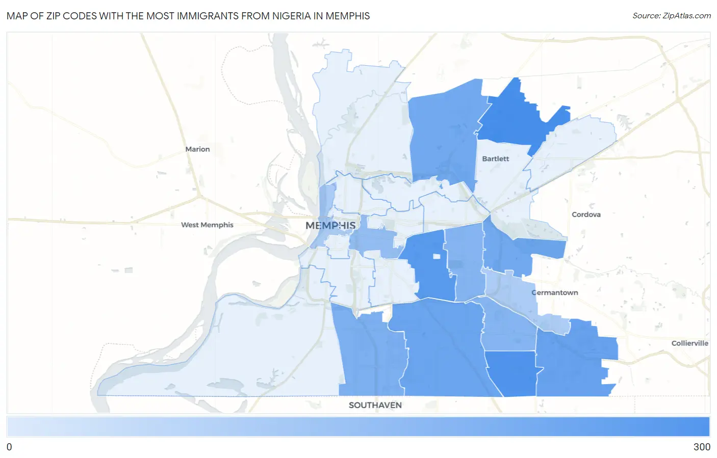 Zip Codes with the Most Immigrants from Nigeria in Memphis Map