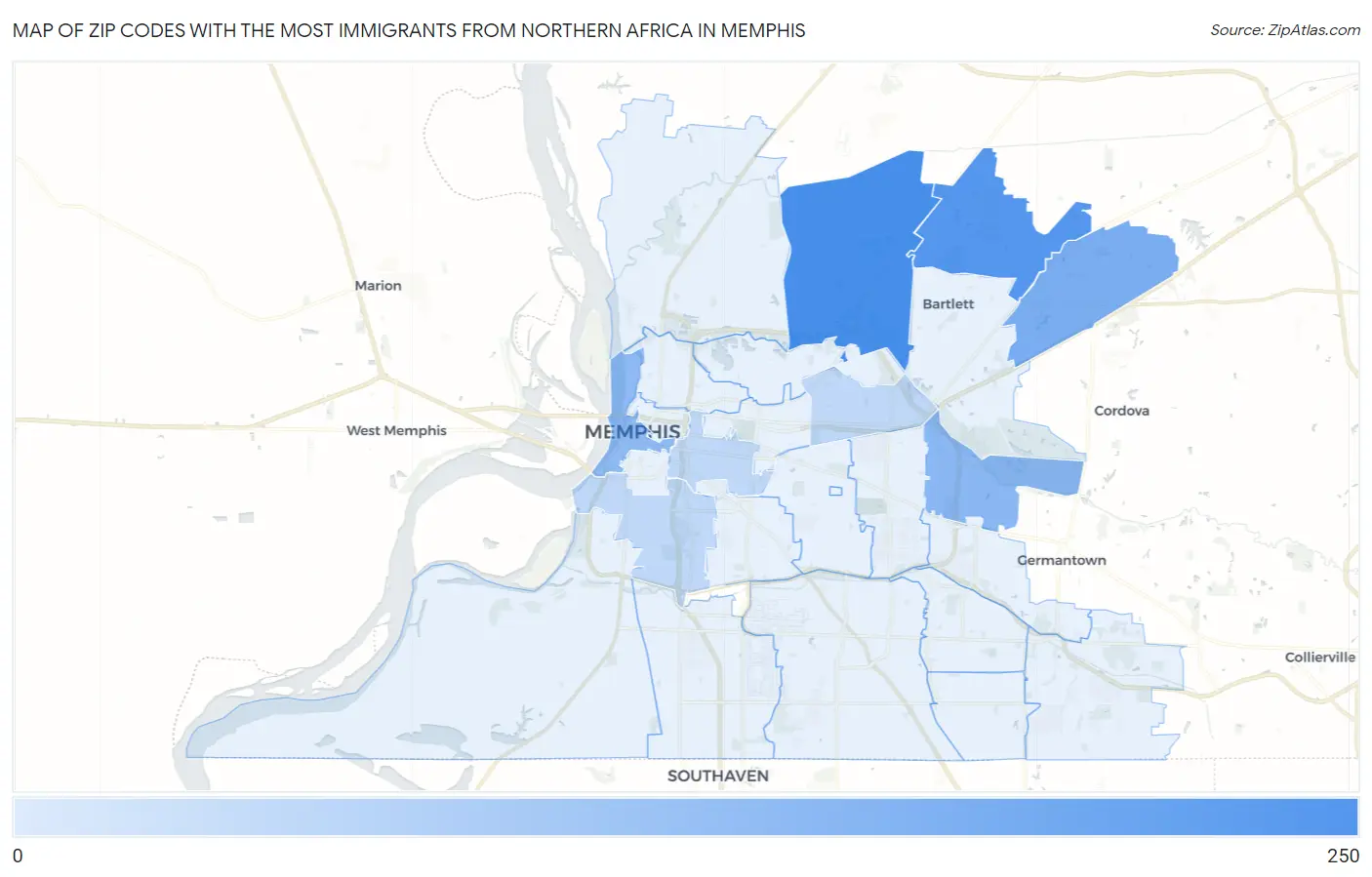 Zip Codes with the Most Immigrants from Northern Africa in Memphis Map